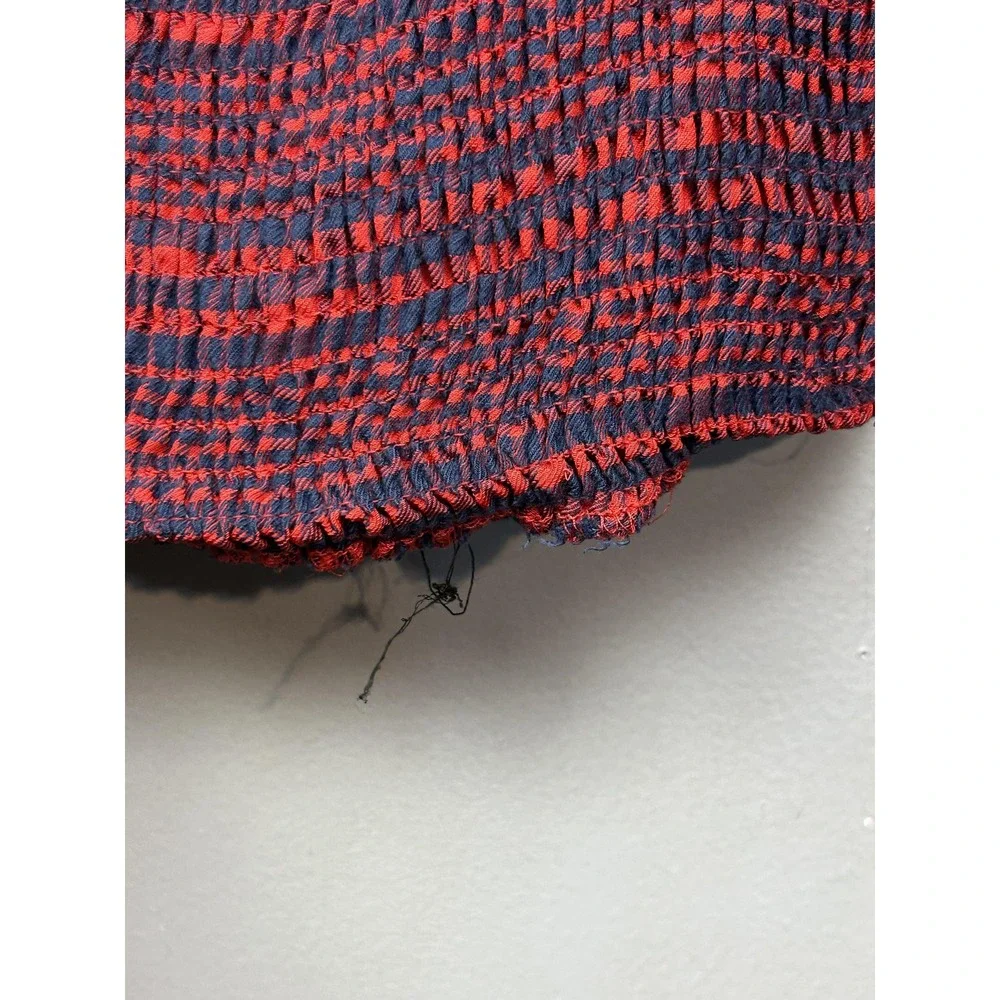 Abercrombie & Fitch Top Womens Medium Red Navy Plaid Smocked Cropped Square Neck